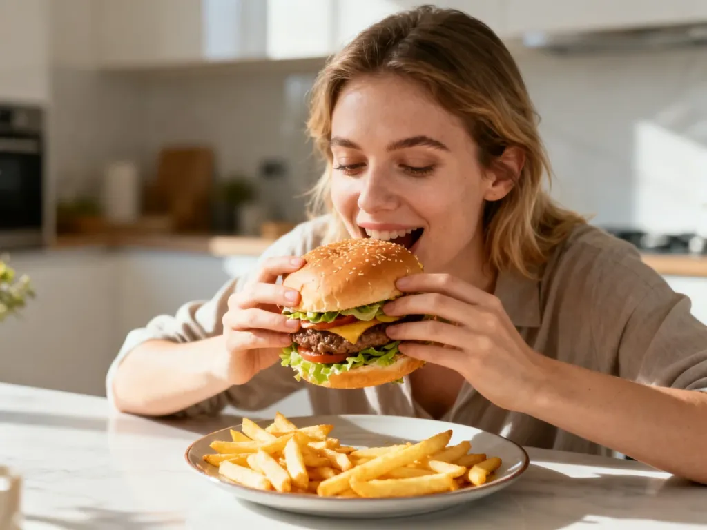 Kobieta z apetytem je burgera z frytkami w nowoczesnej kuchni, ilustrując ideę cheat day w zbilansowanej diecie.