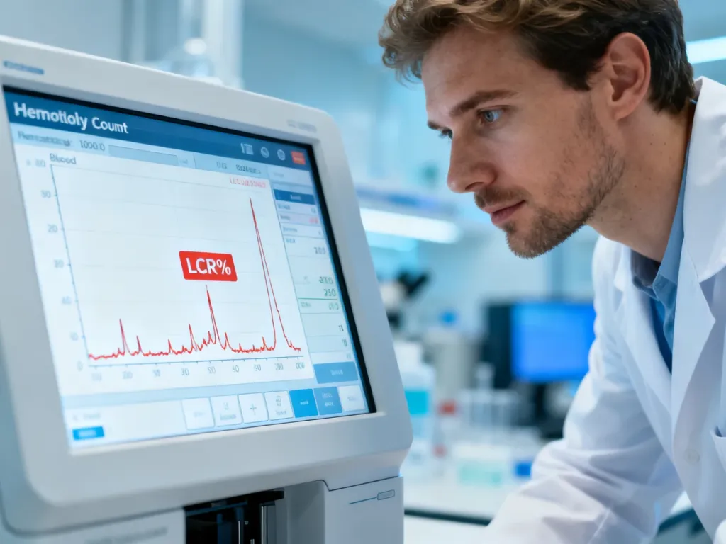 Technik laboratoryjny analizuje na ekranie analizatora hematologicznego wynik parametru P-LCR z badania morfologii krwi.