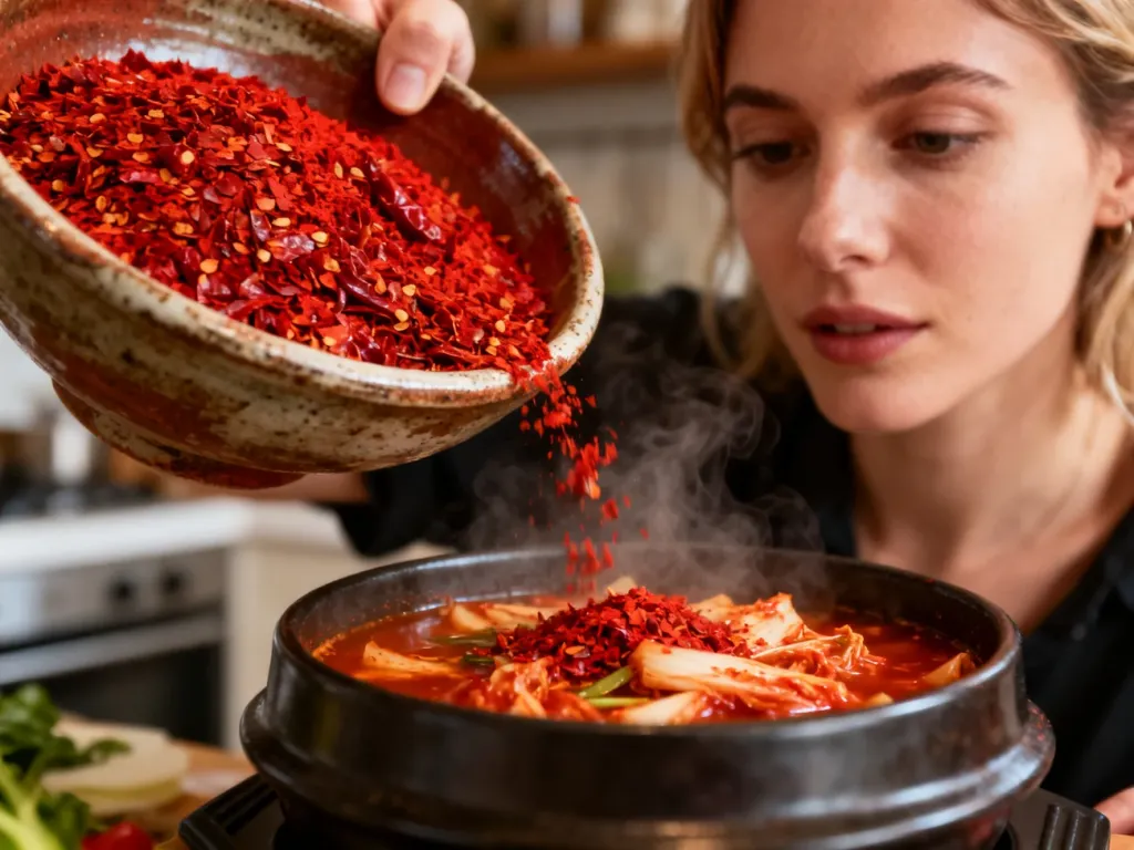Kobieta posypuje gorącą zupę kimchi jjigae płatkami koreańskiej papryki gochugaru z ceramicznej miseczki.